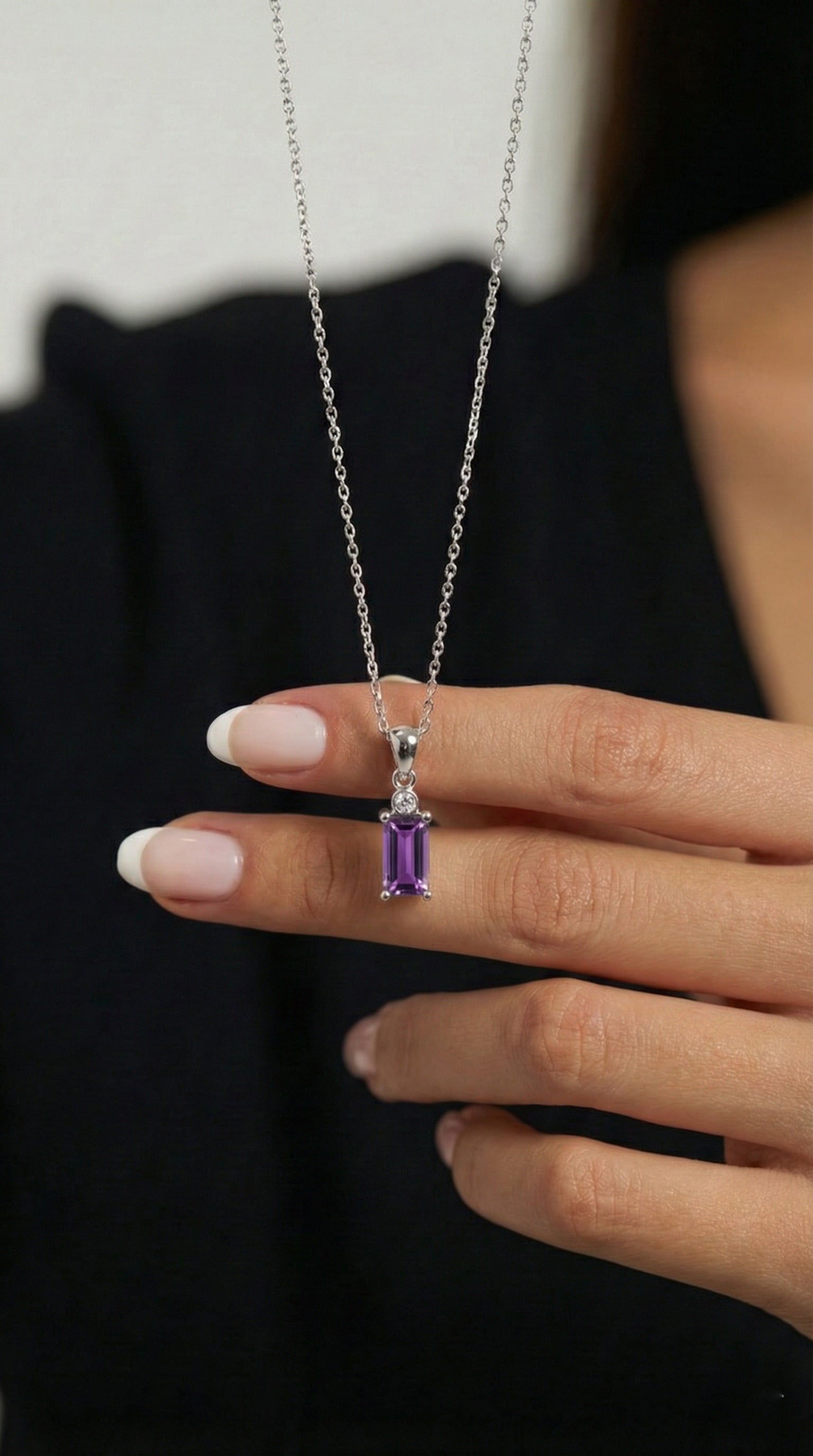 Amethyst Solitaire Baguette Necklace Rhodium Plated Silver