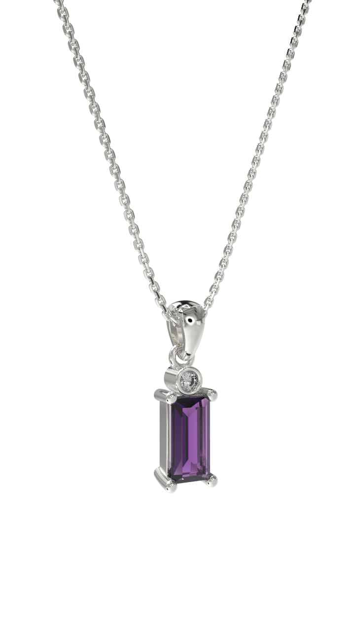 Amethyst Solitaire Baguette Necklace Rhodium Plated Silver
