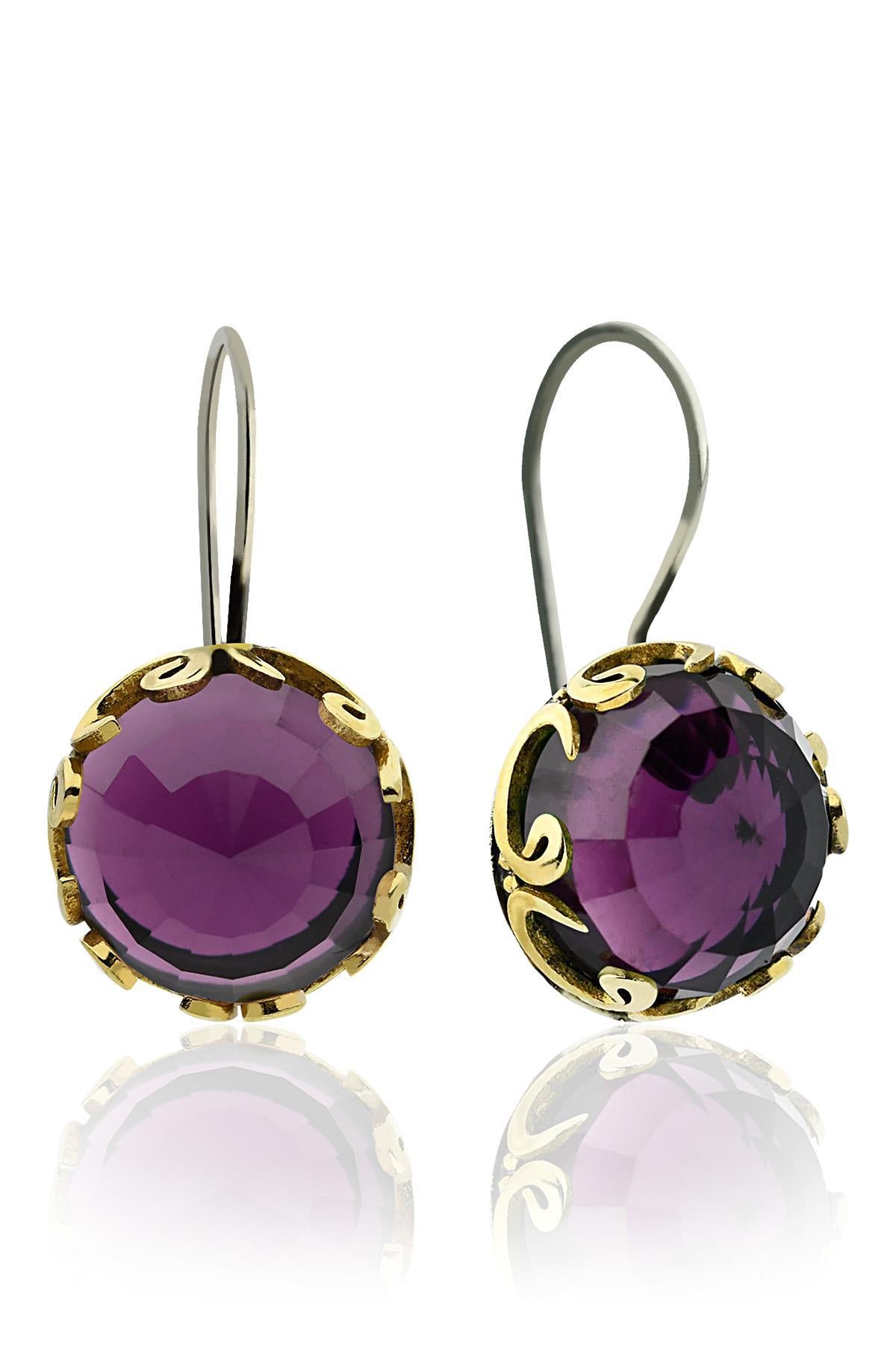 Amethyst Vav Letter Motif Traditional Earrings Silver