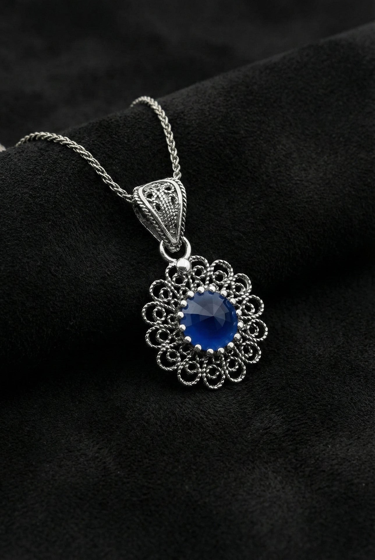 December Blue Topaz Birthstone Filigree Silver Necklace with Flower Motif