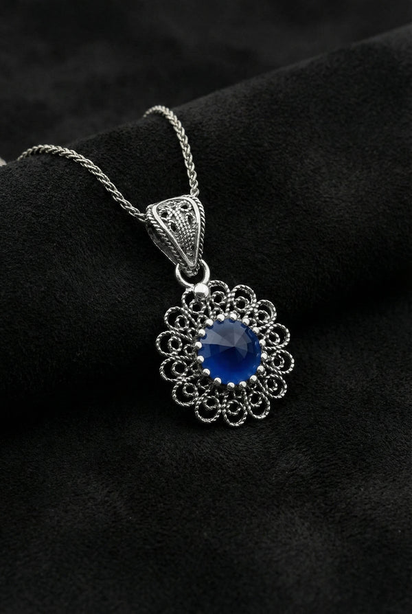 December Blue Topaz Birthstone Filigree Silver Necklace with Flower Motif