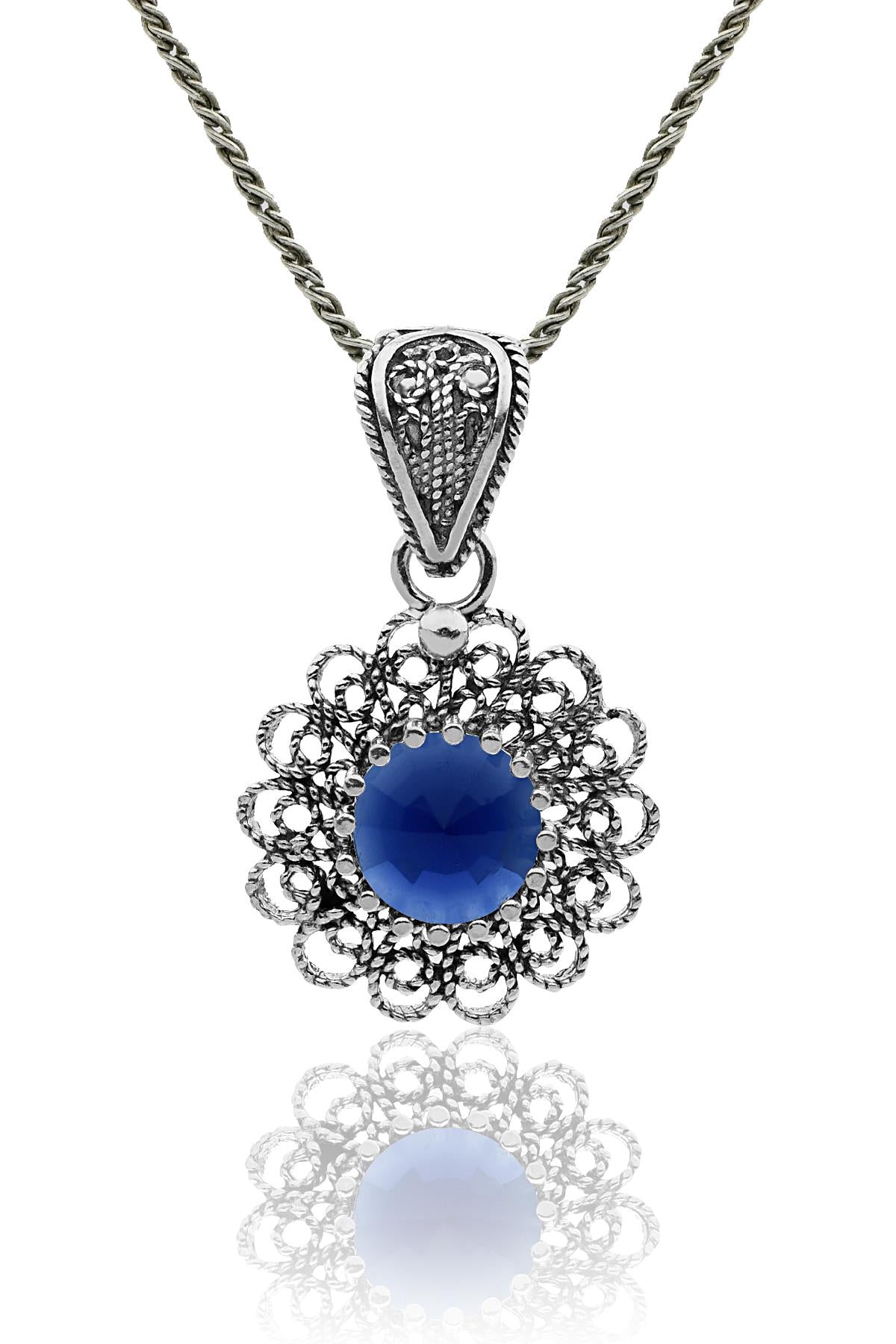 December Blue Topaz Birthstone Flower Motif Filigree Necklace Silver