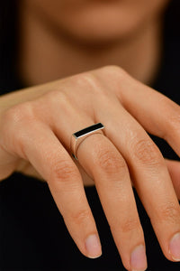 Adjustable Black Enamel Chic Signet Silver Ring