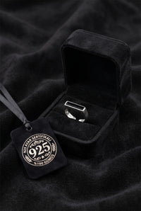 925 Sterling Silver Black Enamel Signet Ring, Adjustable Minimalist Rectangular Open Ring