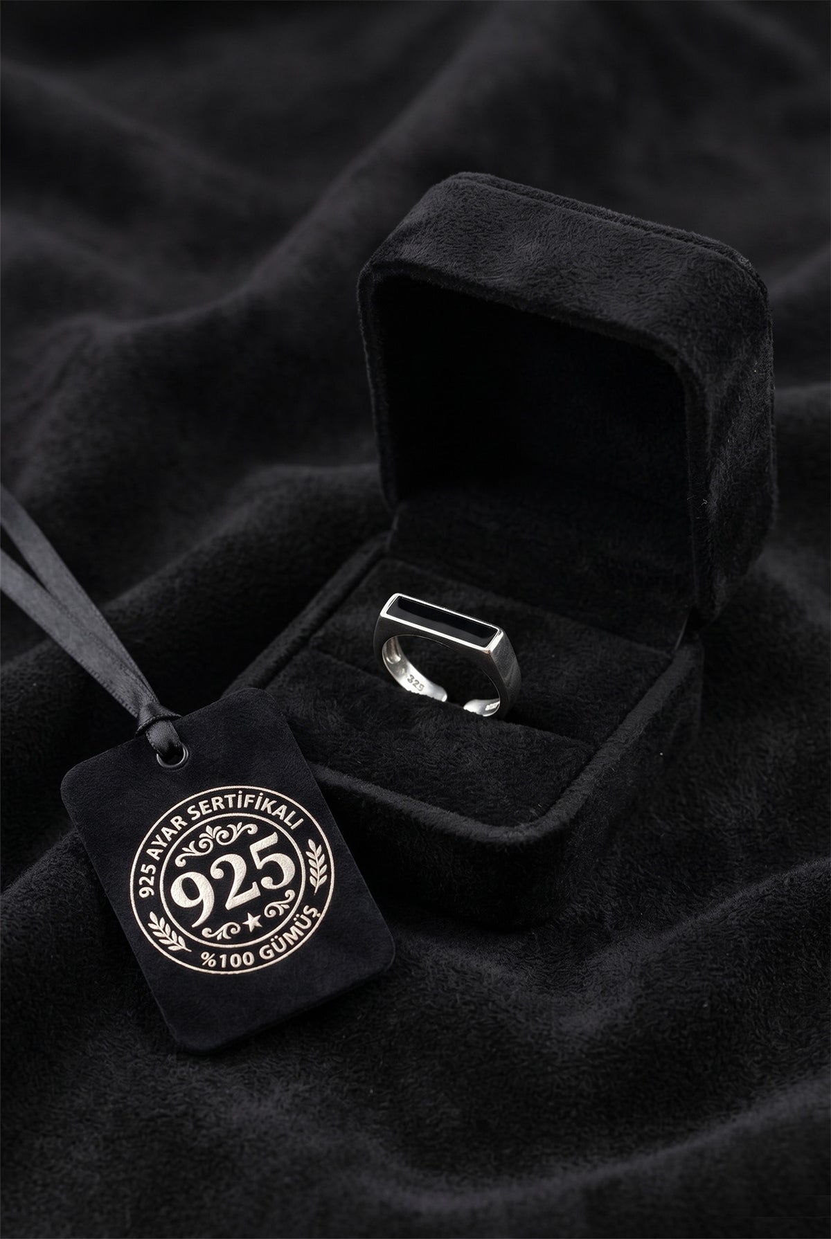 Black Enamel Signet, Adjustable Ring in 925 sterling silver