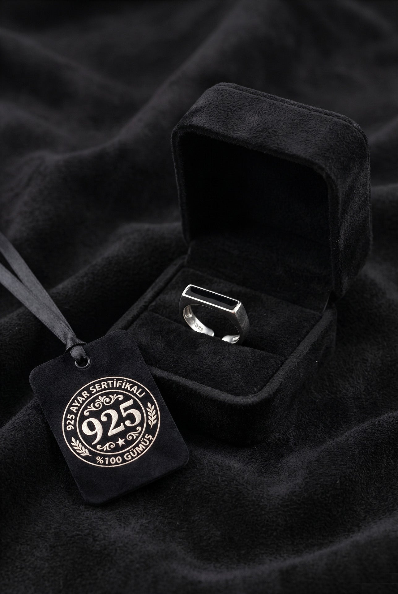 925 Sterling Silver Black Enamel Signet Ring, Adjustable Minimalist Rectangular Open Ring