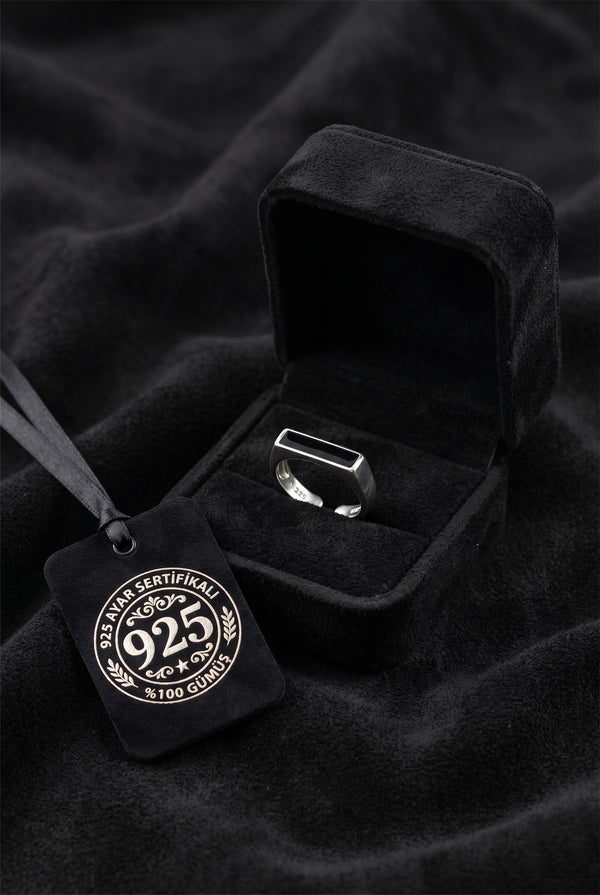 925 Sterling Silver Black Enamel Signet Ring, Adjustable Minimalist Rectangular Open Ring