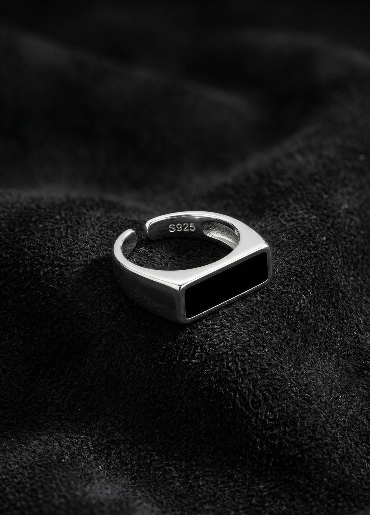 Black Enamel Signet, Adjustable Ring in 925 sterling silver - view 2