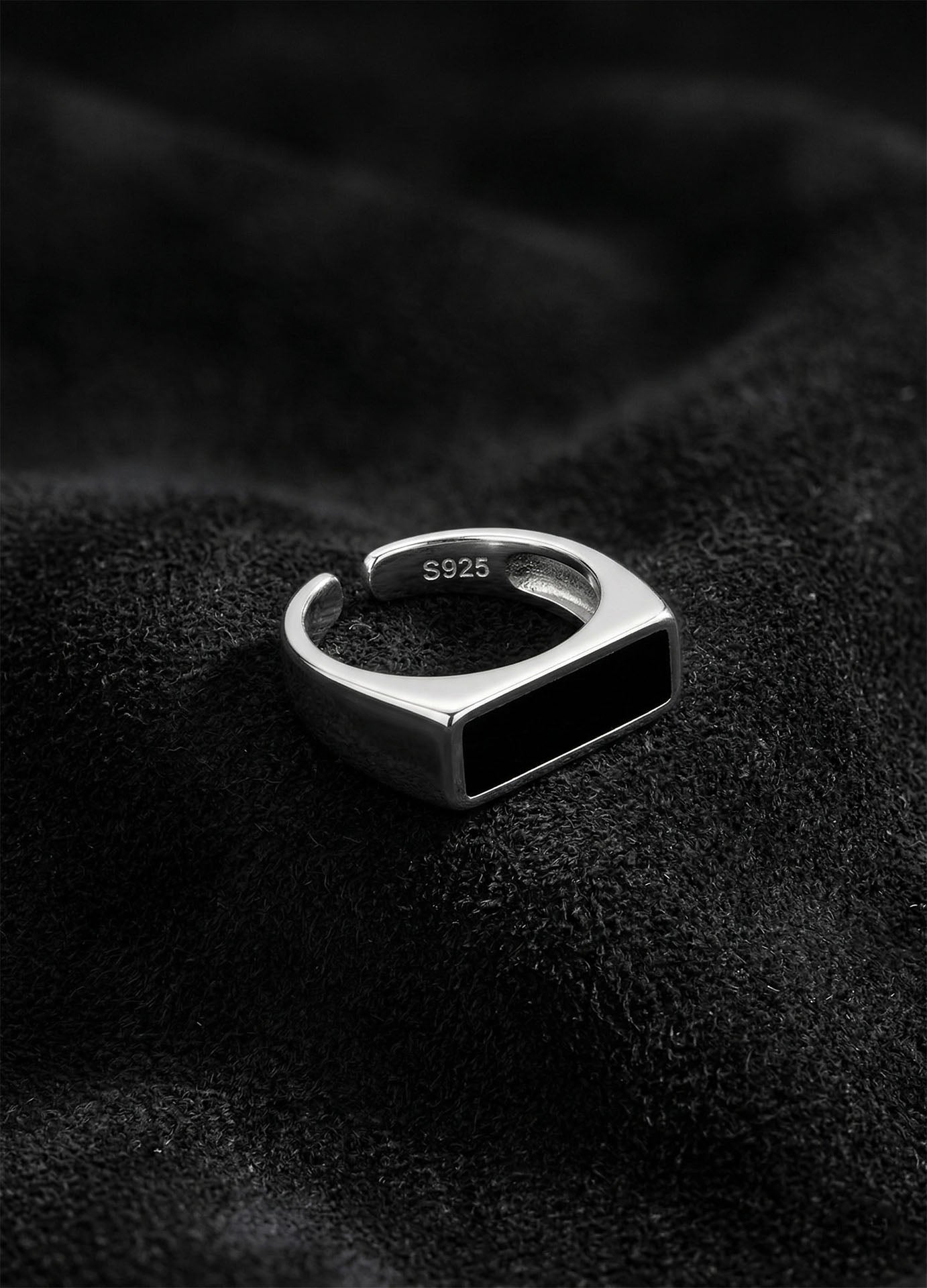 925 Sterling Silver Black Enamel Signet Ring, Adjustable Minimalist Rectangular Open Ring