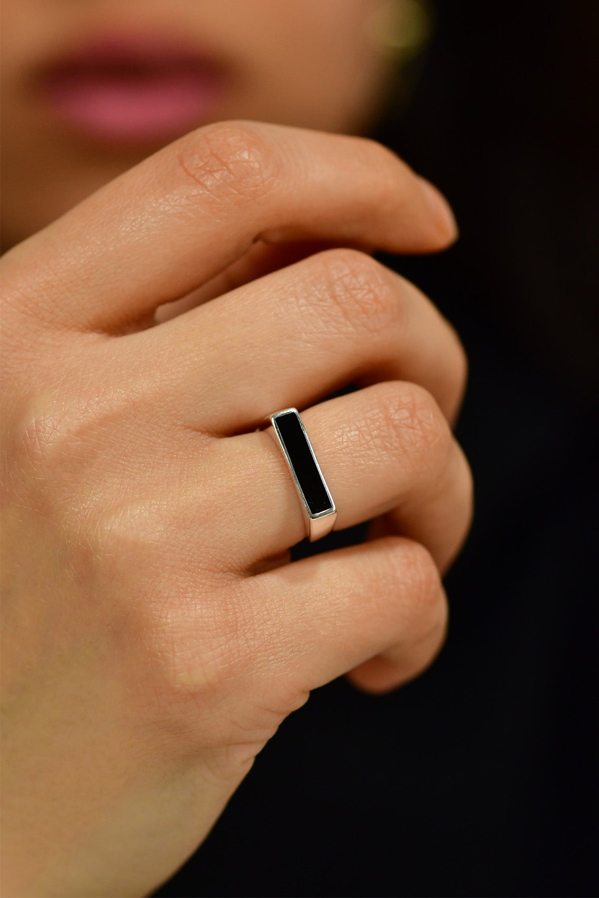 925 Sterling Silver Black Enamel Signet Ring, Adjustable Minimalist Rectangular Open Ring