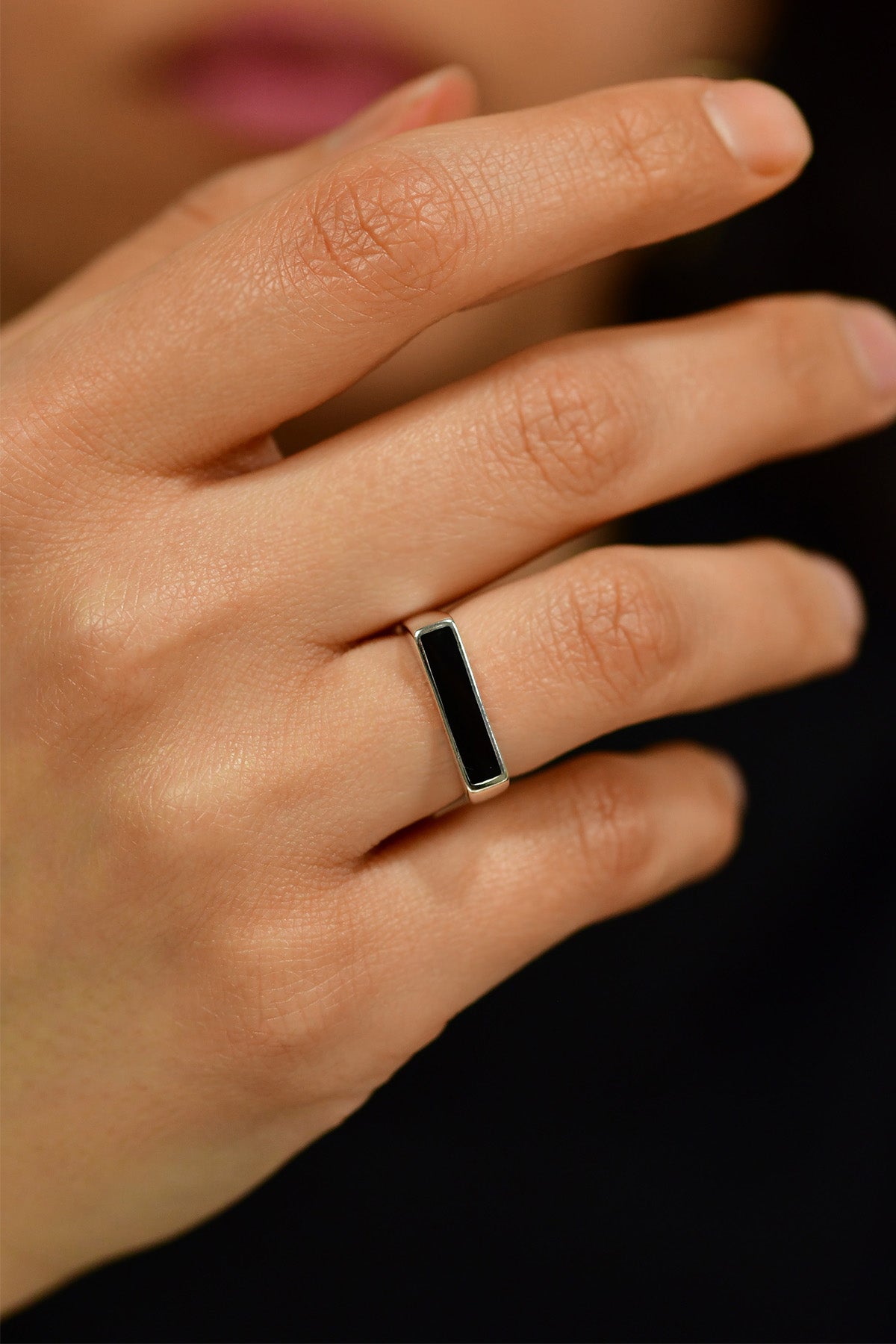 925 Sterling Silver Black Enamel Signet Ring, Adjustable Minimalist Rectangular Open Ring