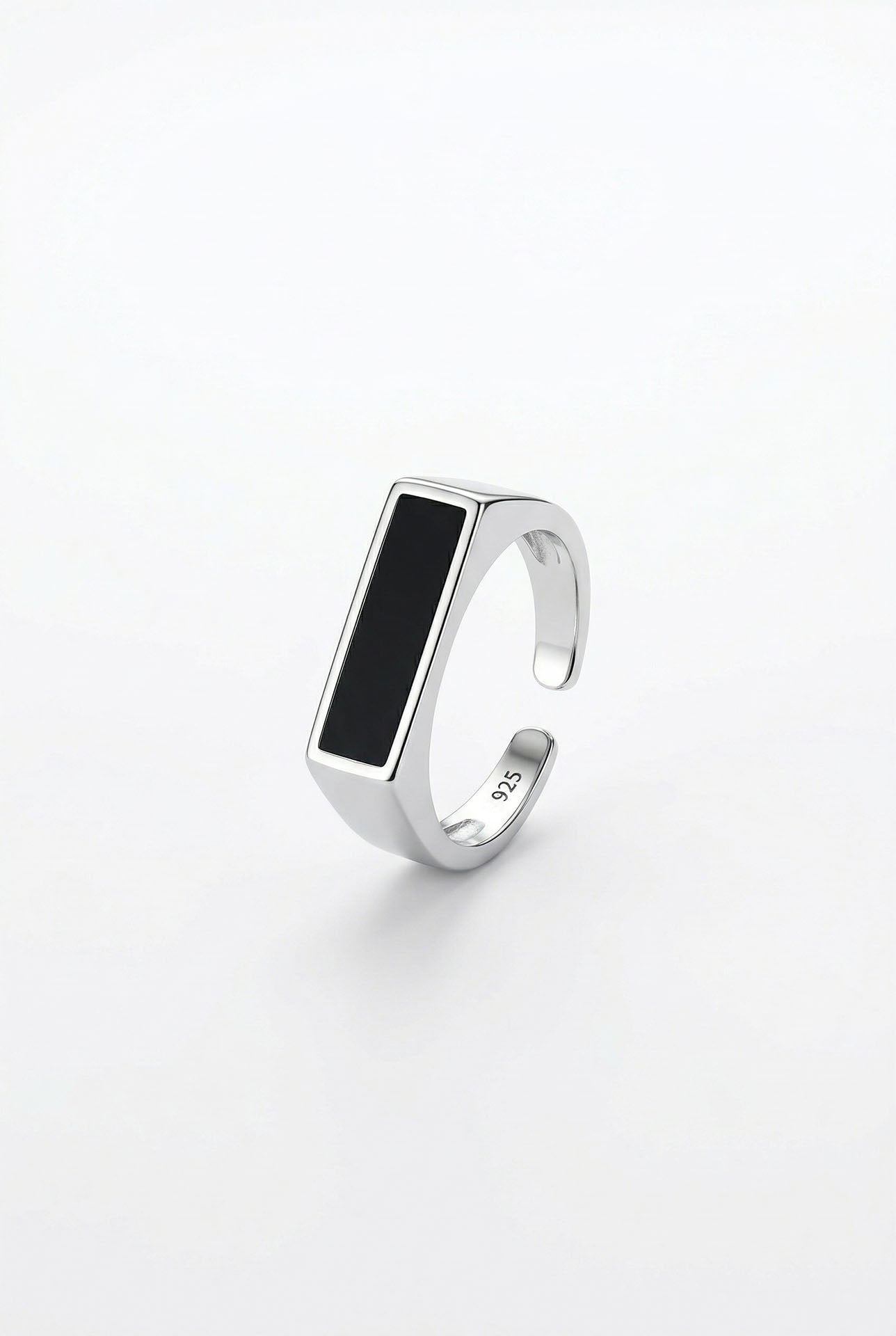 925 Sterling Silver Black Enamel Signet Ring, Adjustable Minimalist Rectangular Open Ring