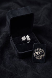 925 Sterling Silver Butterfly Clover Ring, Adjustable White Enamel Cubic Zirconia Open Ring