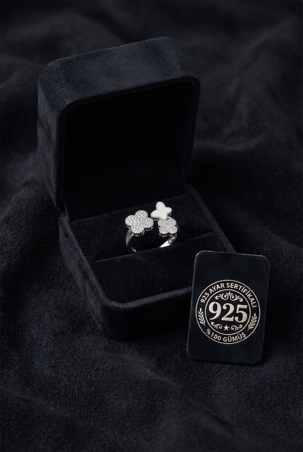 925 Sterling Silver Butterfly Clover Ring, Adjustable White Enamel Cubic Zirconia Open Ring