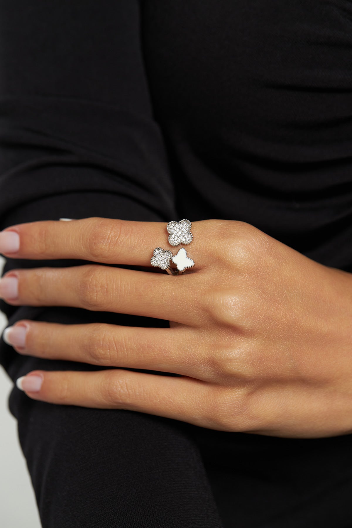 925 Sterling Silver Butterfly Clover Ring, Adjustable White Enamel Cubic Zirconia Open Ring