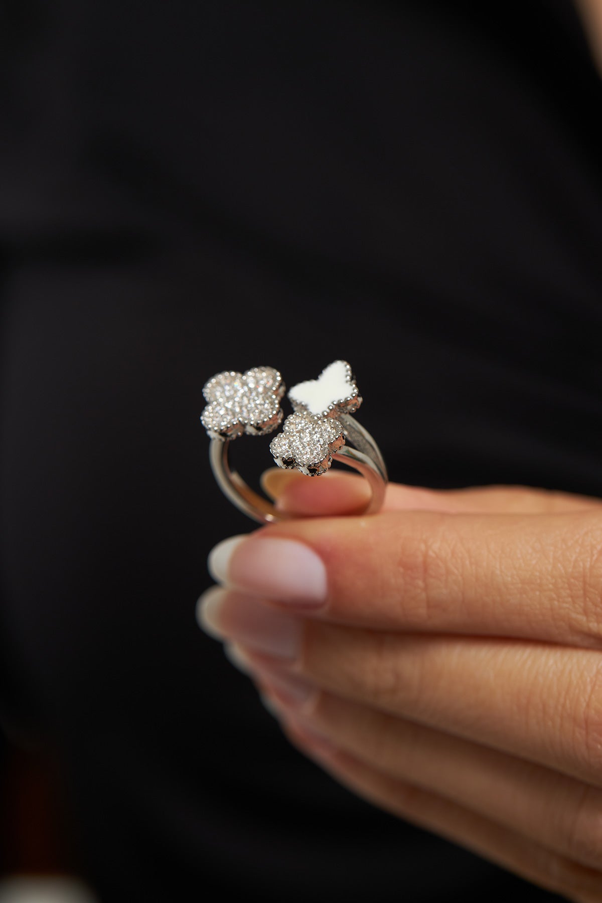 925 Sterling Silver Butterfly Clover Ring, Adjustable White Enamel Cubic Zirconia Open Ring