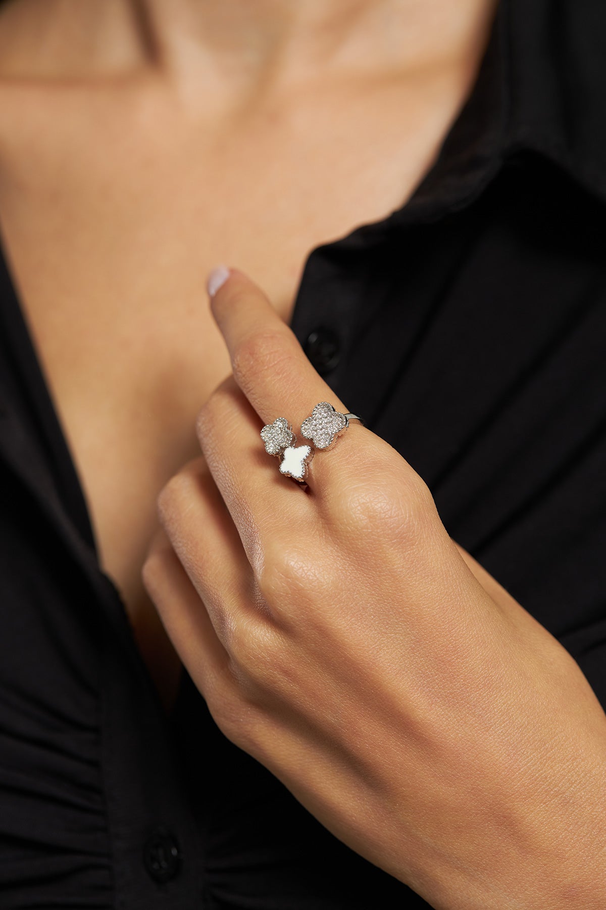 925 Sterling Silver Butterfly Clover Ring, Adjustable White Enamel Cubic Zirconia Open Ring