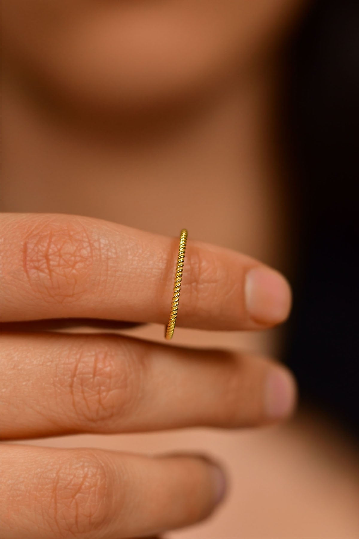 925 Sterling Silver Gold Twisted Rope Ring, Dainty Minimalist Stacking Band for Women