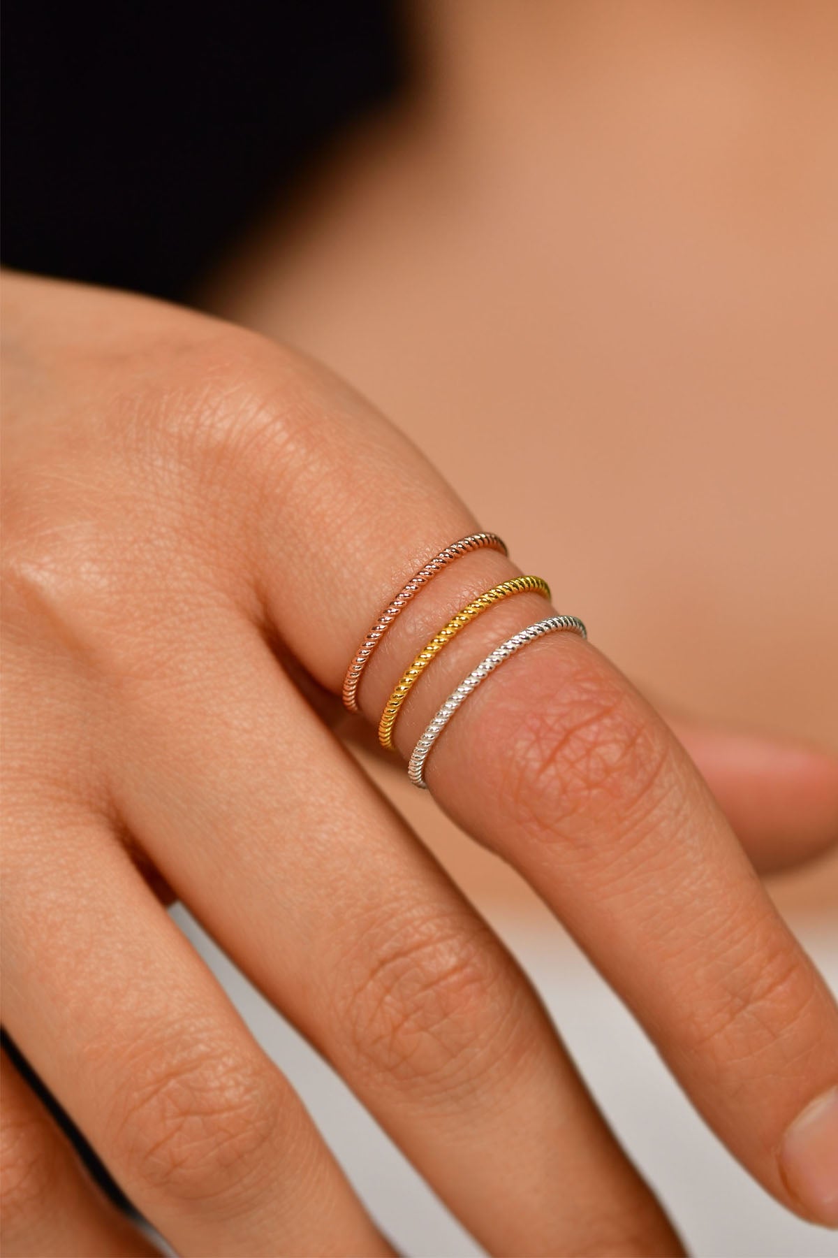 925 Sterling Silver Tricolor Twisted Ring Set, Dainty Minimalist Stacking Bands