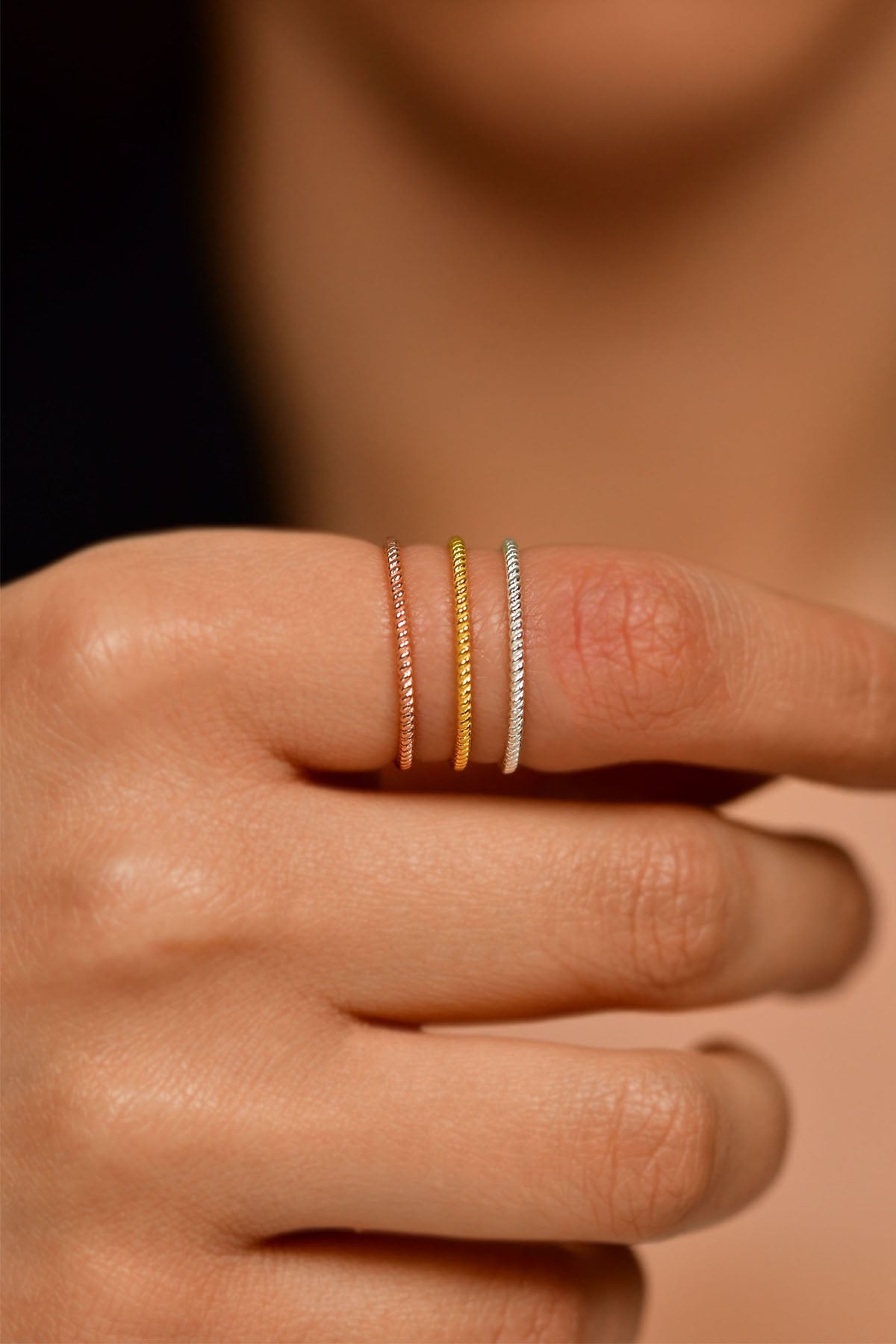 925 Sterling Silver Tricolor Twisted Ring Set, Dainty Minimalist Stacking Bands