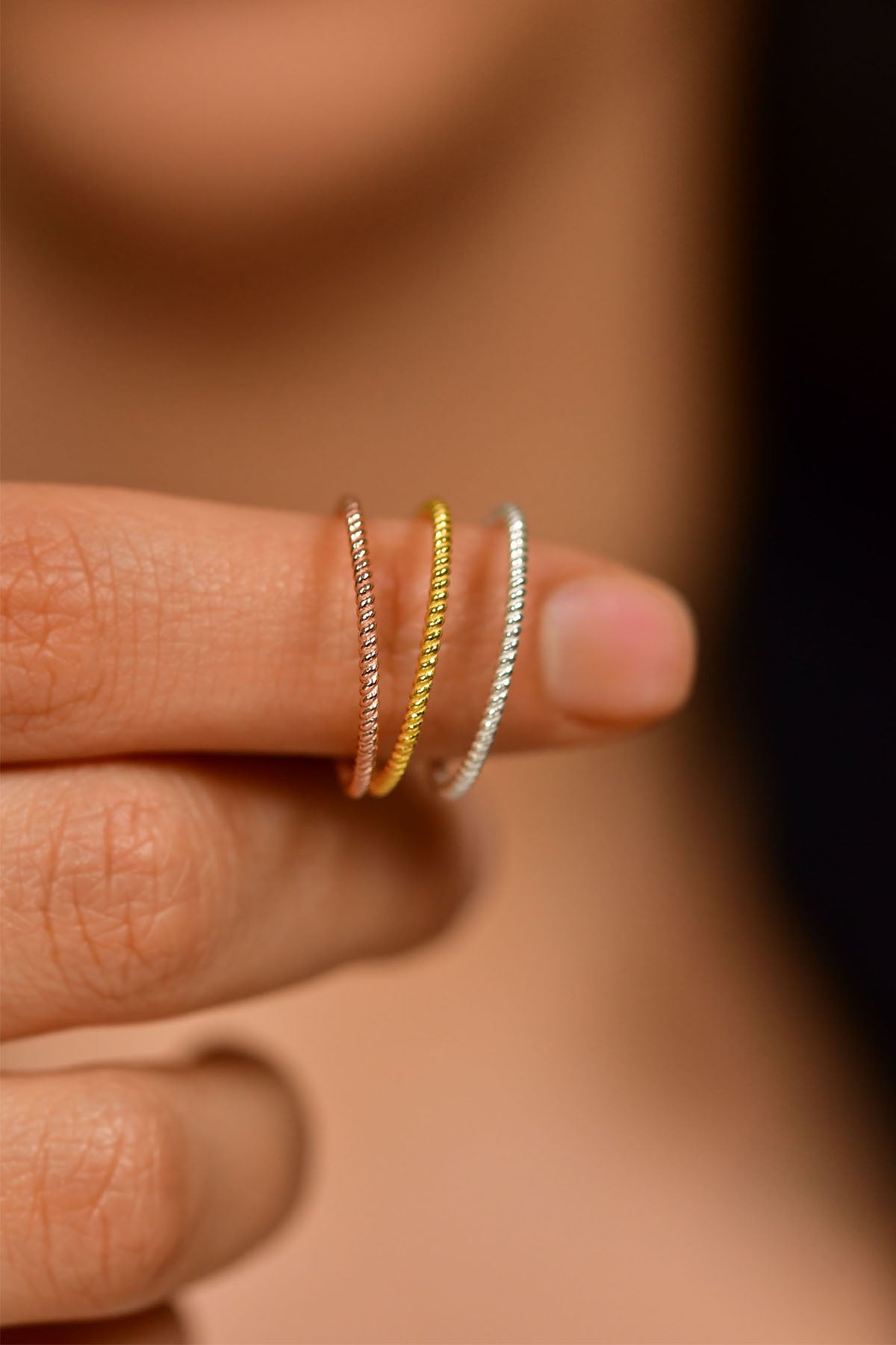 925 Sterling Silver Tricolor Twisted Ring Set, Dainty Minimalist Stacking Bands