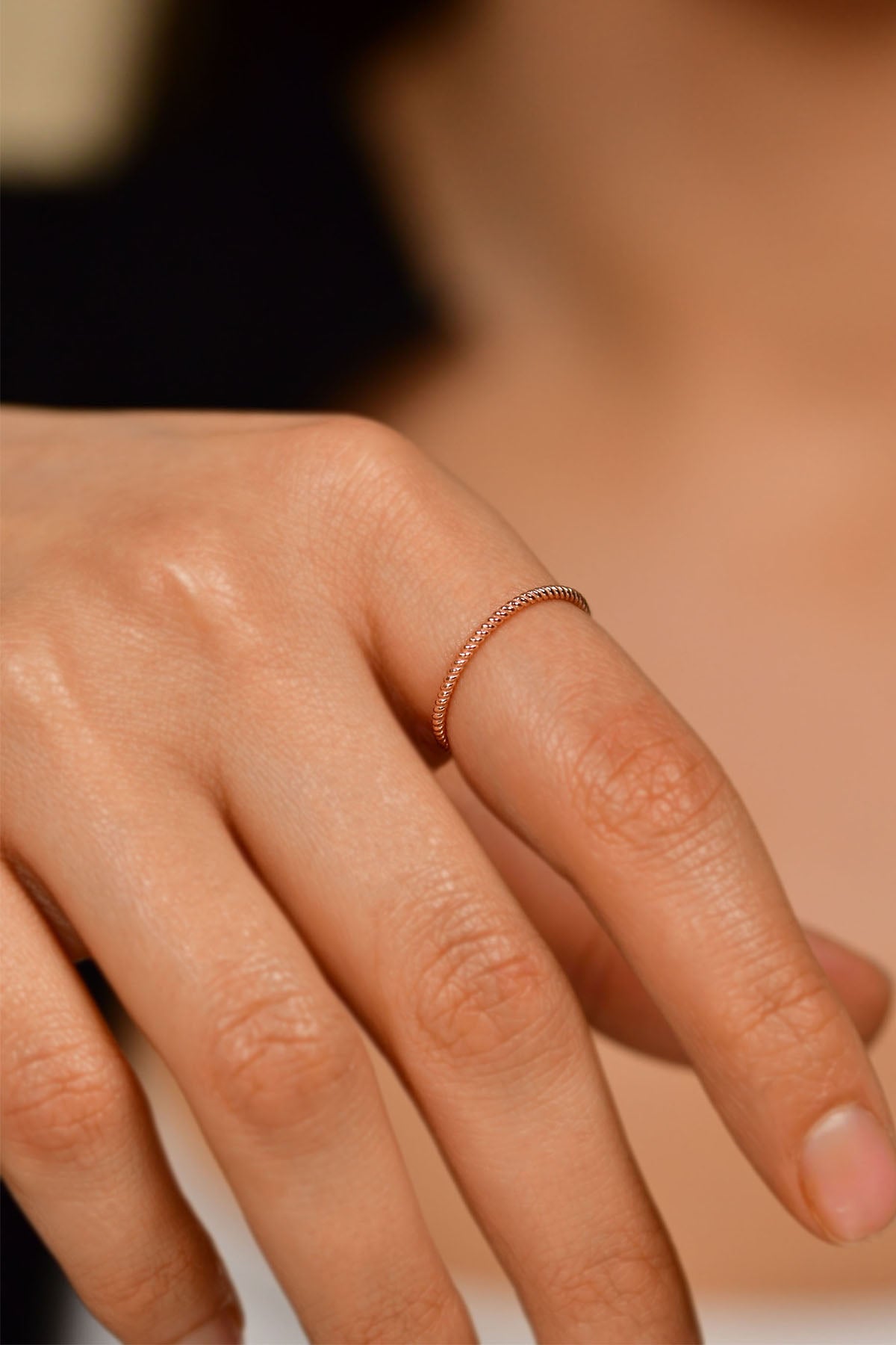 925 Sterling Silver Rose Gold Twisted Rope Ring, Dainty Minimalist Stacking Band for Women