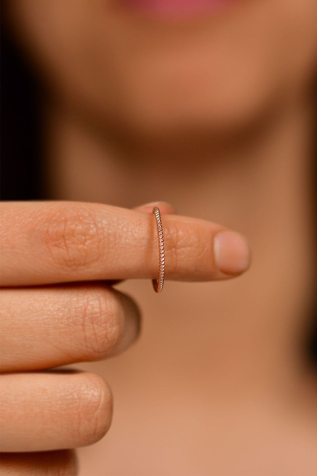 925 Sterling Silver Rose Gold Twisted Rope Ring, Dainty Minimalist Stacking Band for Women