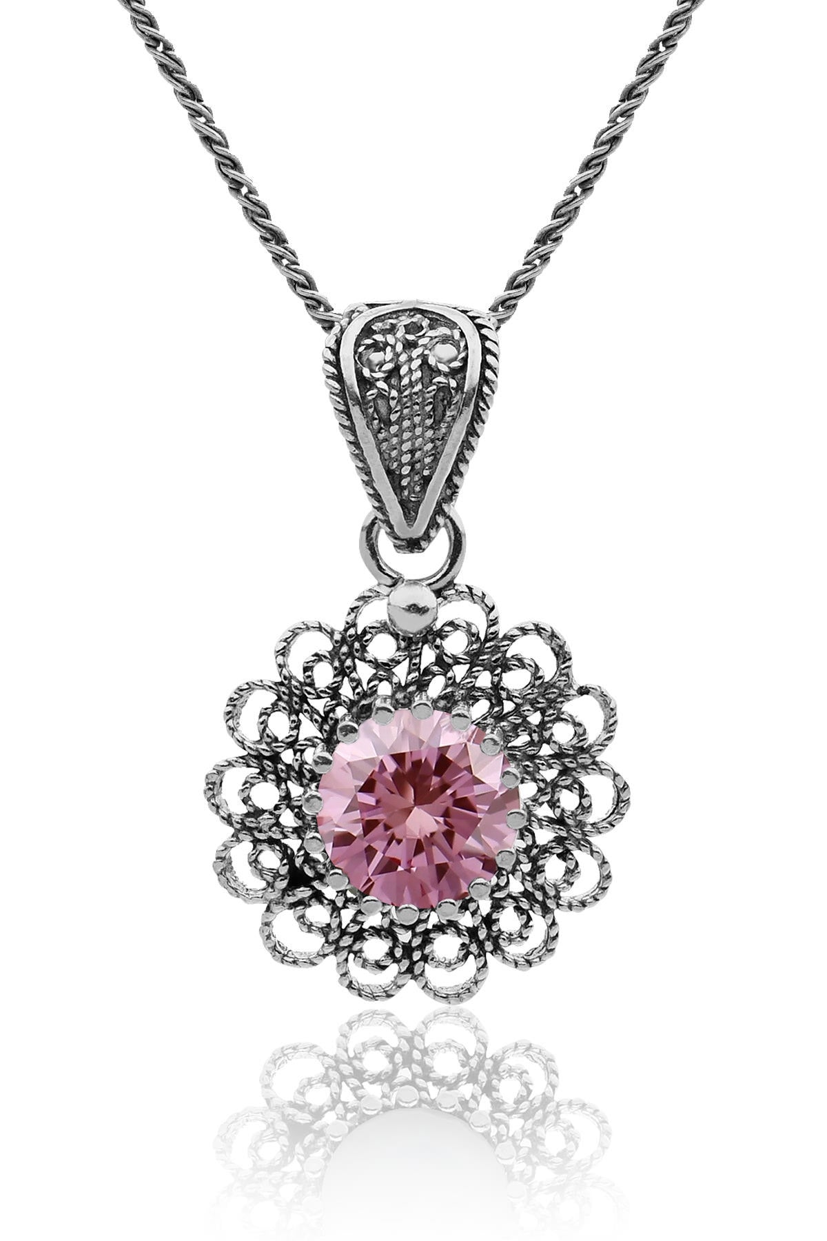 October Tourmaline Birthstone Filigree Silver Necklace with Floral Motifs