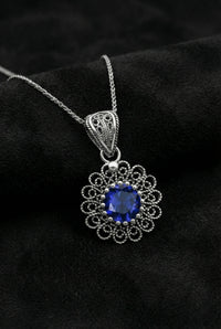 September Sapphire Birthstone Filigree Silver Necklace with Floral Motif