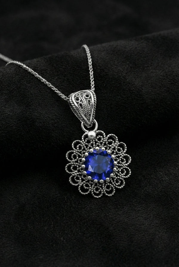 September Sapphire Birthstone Filigree Silver Necklace with Floral Motif