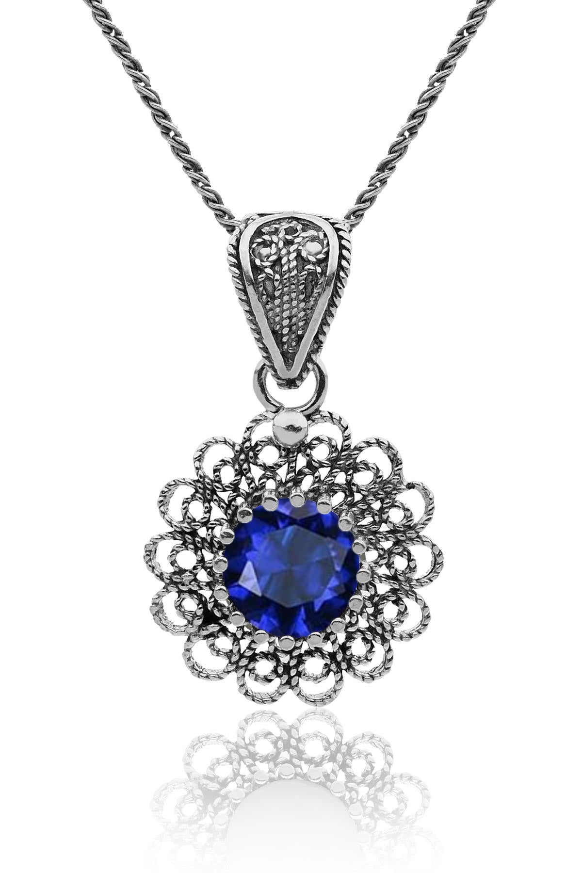 September Sapphire Birthstone Filigree Silver Necklace with Floral Motif