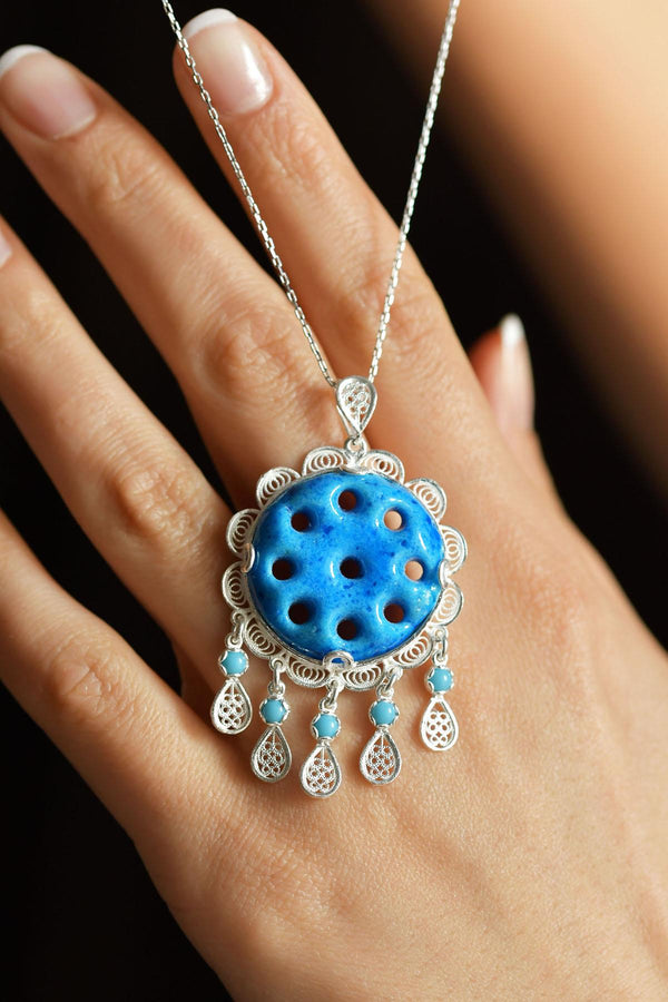 Filigree Silver Necklace with Nine-Eye Syriac Evil Eye and Turquoise Stone