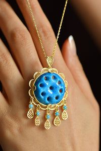 Turquoise Gold Nine-Eye Syriac Evil Eye Filigree Silver Necklace