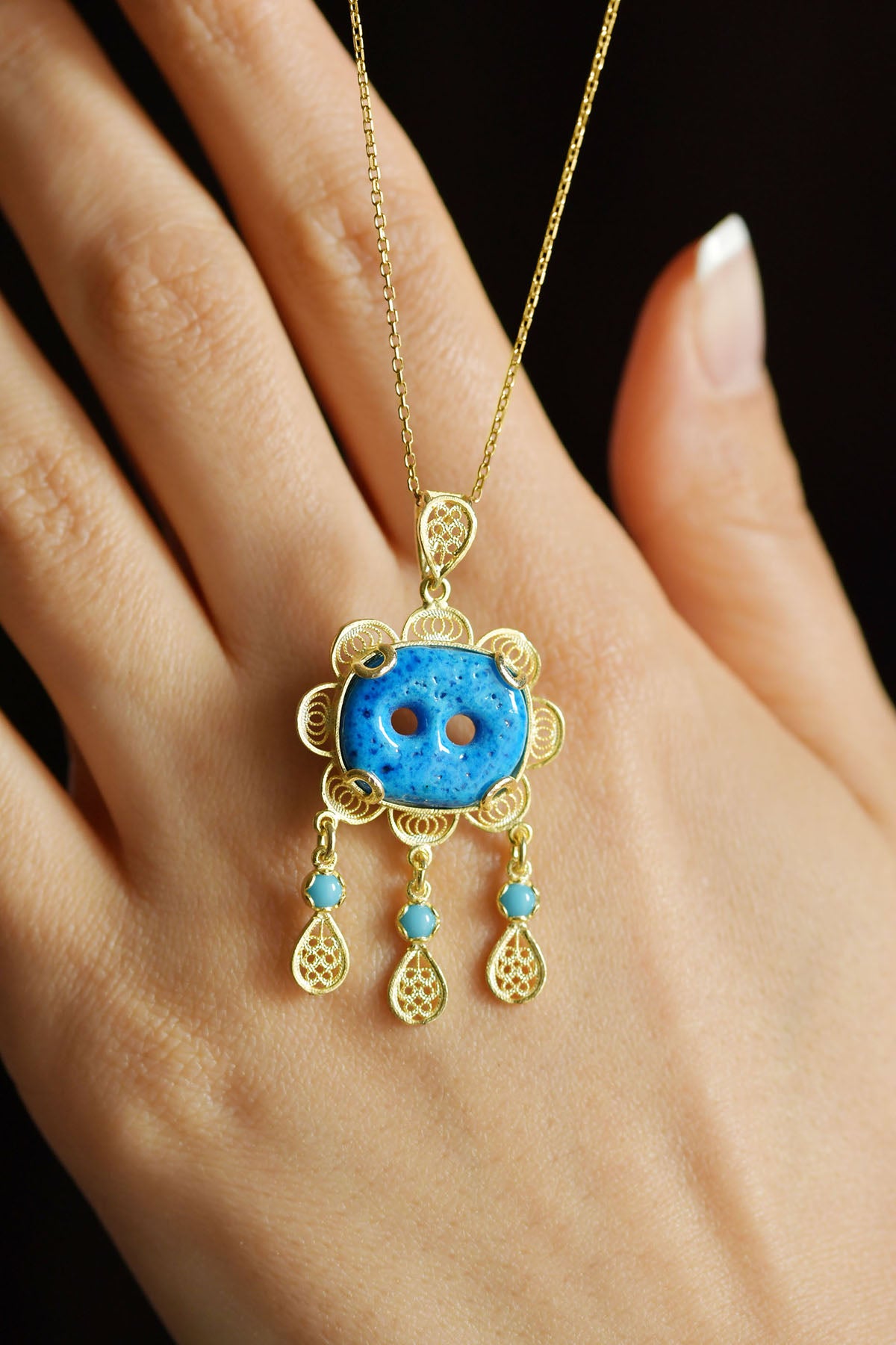 Gold Two-Eye Syriac Evil Eye Turquoise Necklace | 925 Silver