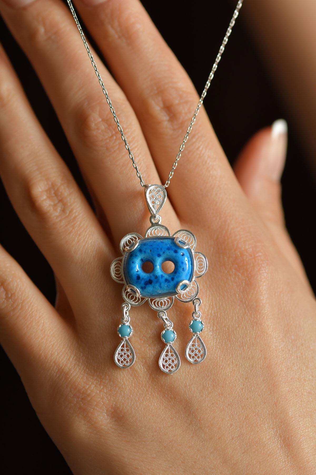 Filigree Silver Necklace with Two Eye Syriac Evil Eye Bead with Turquoise Stone