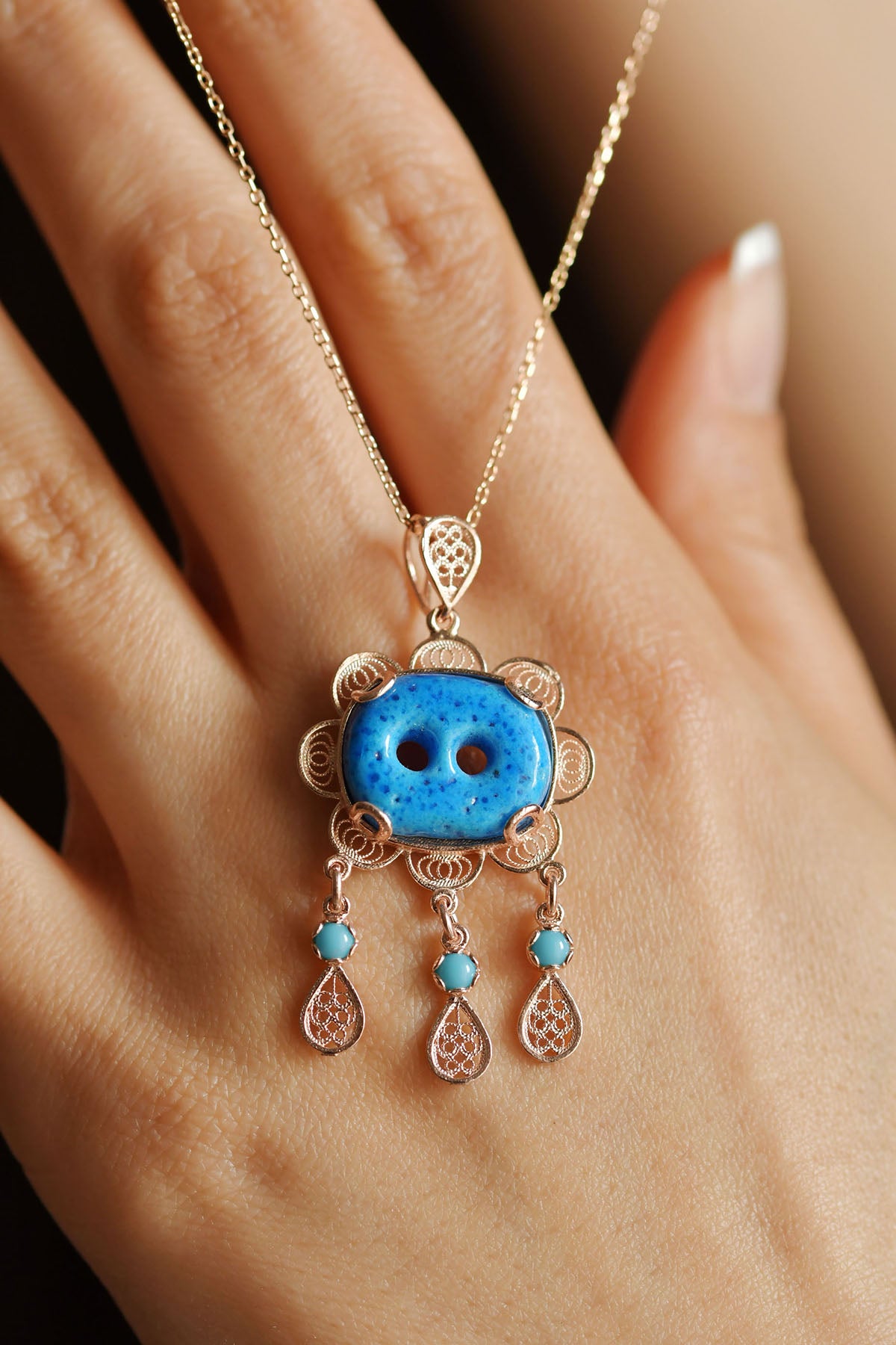 Collier œil porte-bonheur syriaque deux yeux rose et turquoise en argent sterling 925 - vue 2
