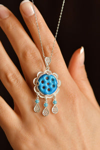 Filigree Silver Necklace with Seven-Eyed Syriac Evil Eye Charm with Turquoise Stone