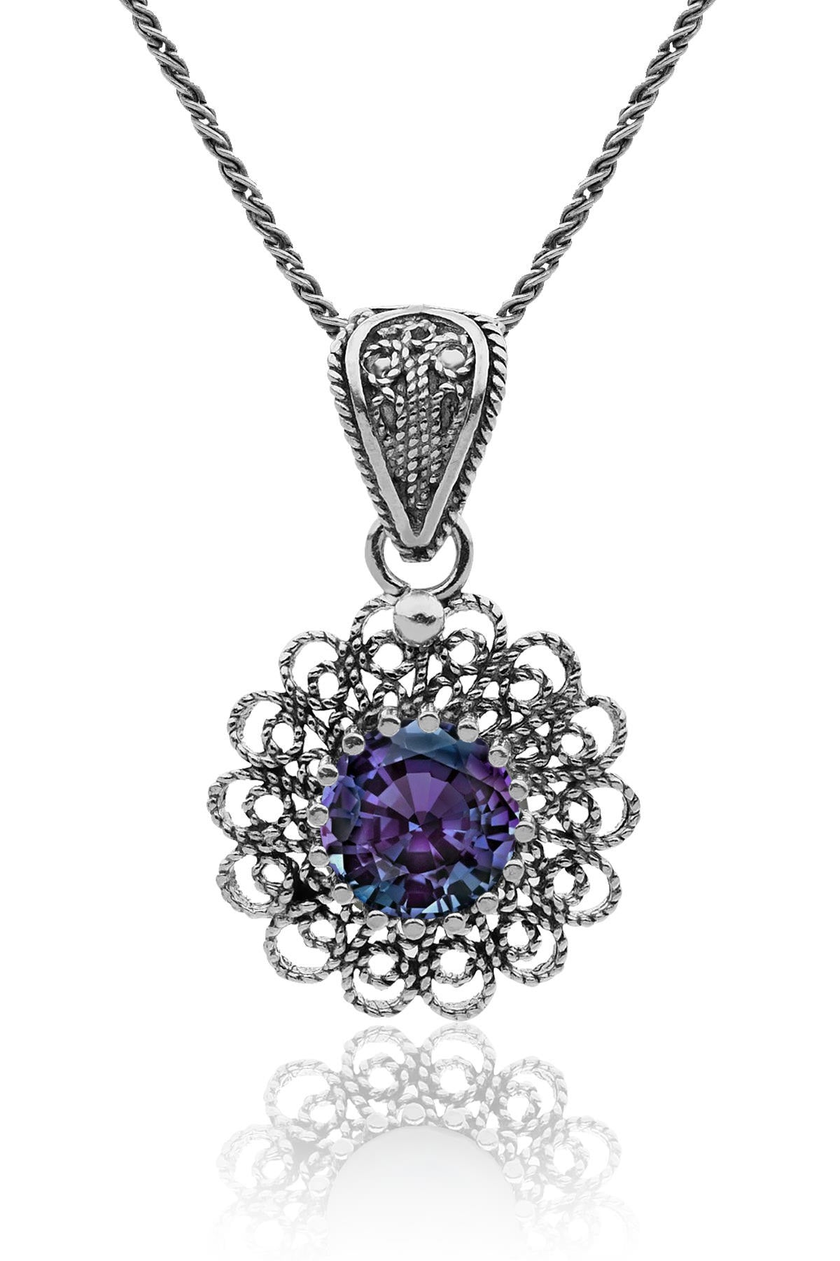 June Mystic Topaz Birthstone Flower Motif Filigree Necklace Silver
