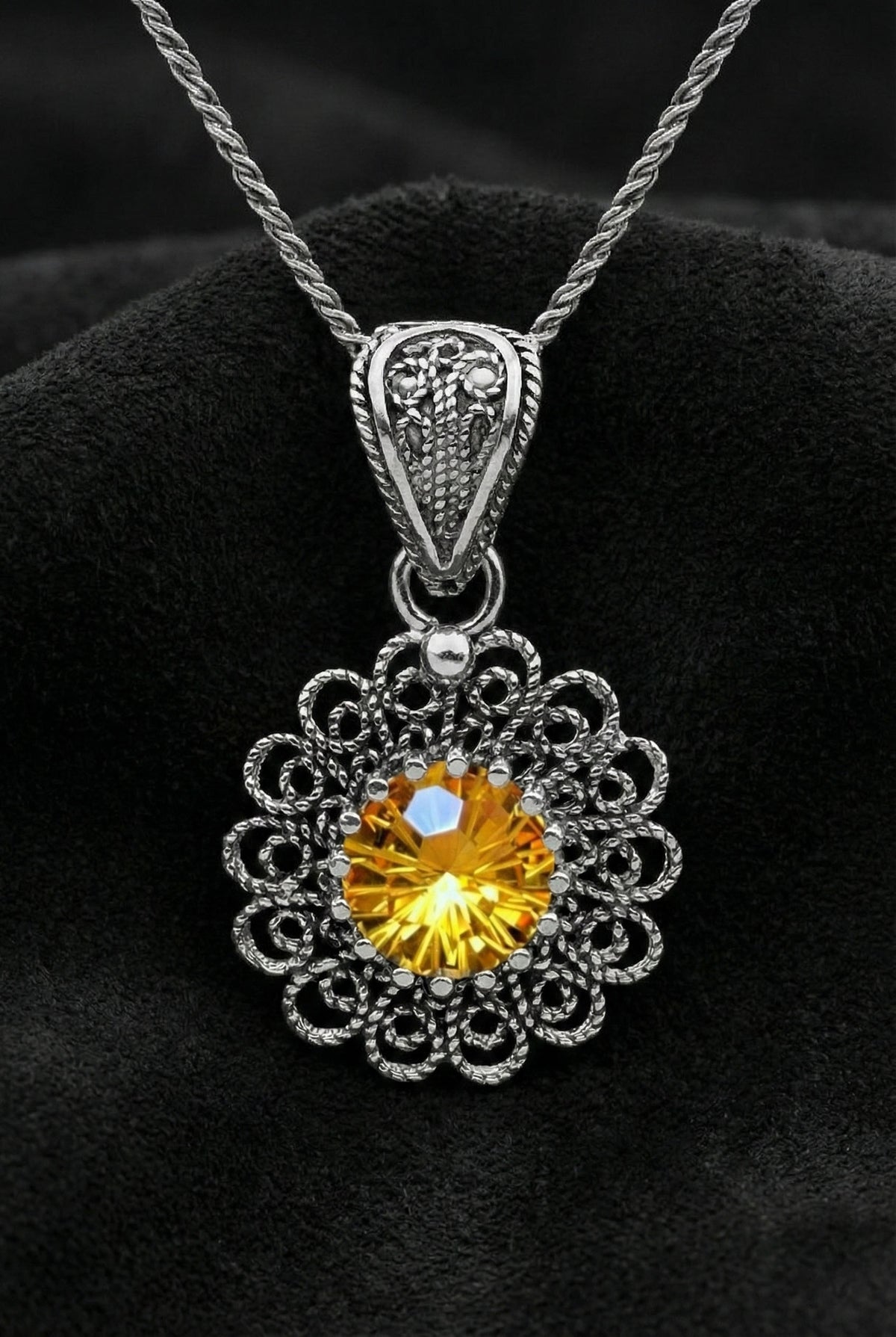 Citrine November Birthstone Filigree Necklace | 925 Silver