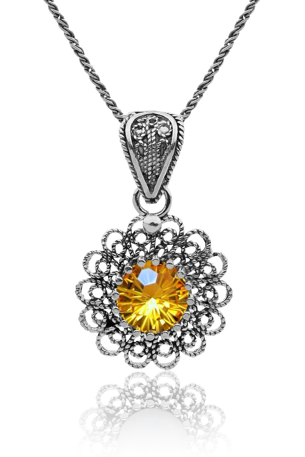Citrine November Birthstone Filigree Necklace | 925 Silver