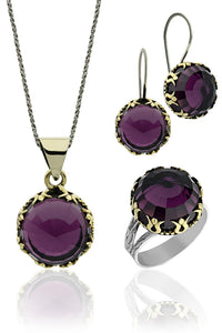 Amethyst Stone Tulip Motif Round Authentic Silver Women's Set