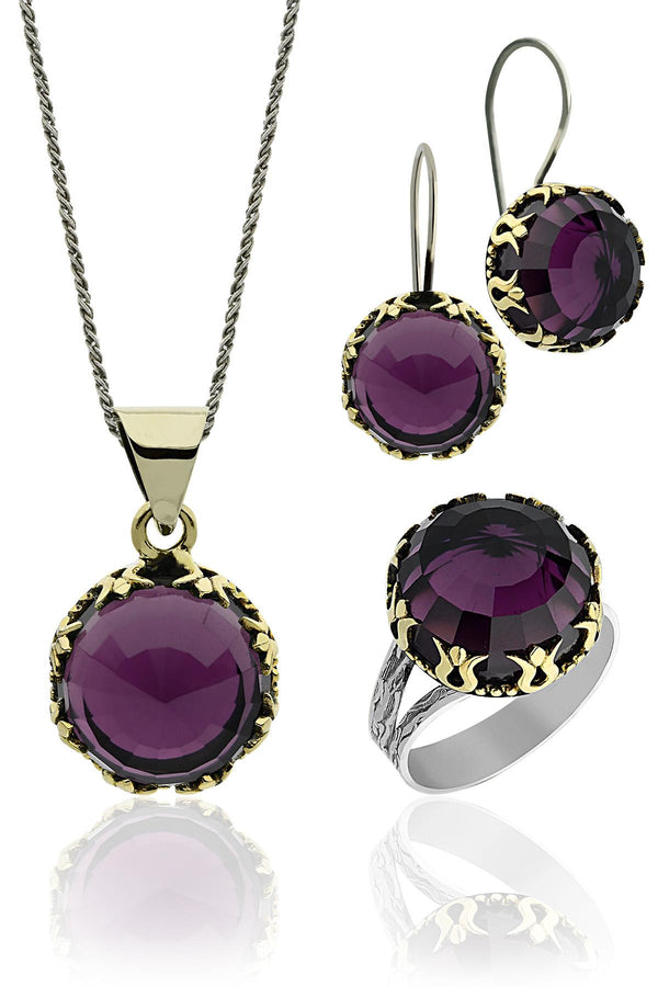 Amethyst Stone Tulip Motif Round Authentic Silver Women's Set