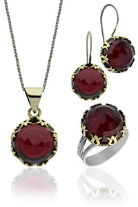 Round Authentic Silver Women's Set with Red Stone Tulip Motif
