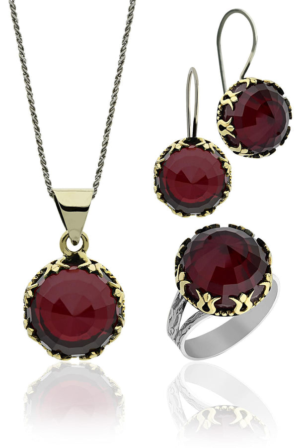 Round Authentic Silver Women's Set with Red Stone Tulip Motif