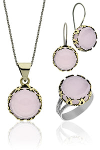 Pink Quartz Stone Tulip Motif Round Authentic Silver Women's Set