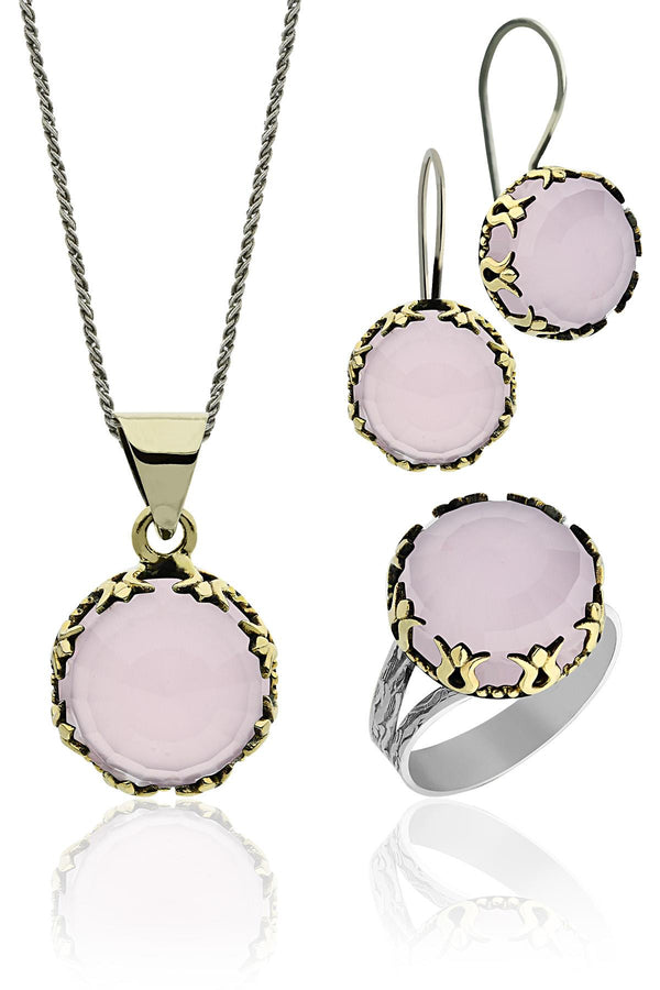 Pink Quartz Stone Tulip Motif Round Authentic Silver Women's Set
