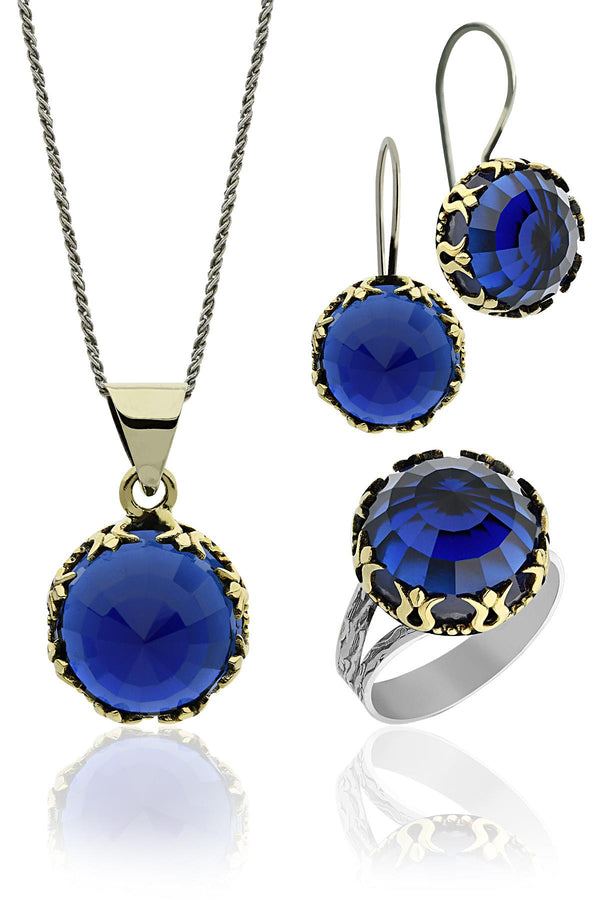 Authentic Silver Women's Set with Sapphire Stone and Tulip Motif