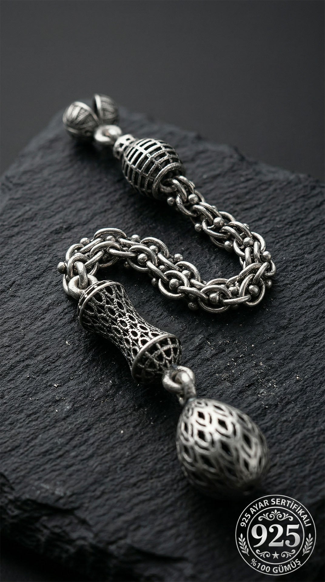 Pompon de misbaha en filigrane en forme de goutte 7 cm en argent sterling 925