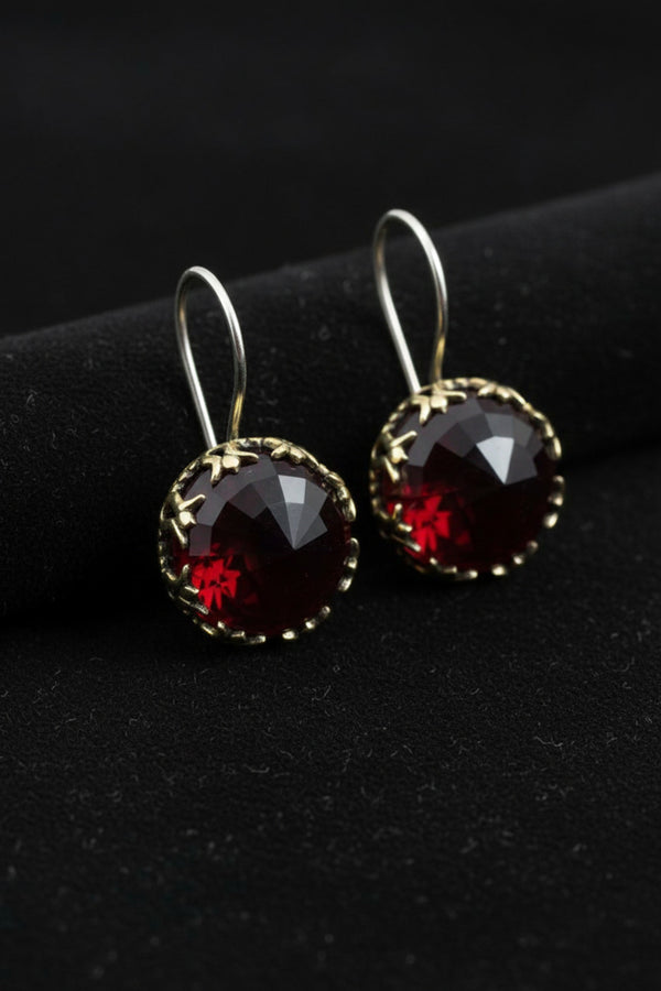 Gilded Garnet Stone Tulip Motif Earrings | 925 Silver