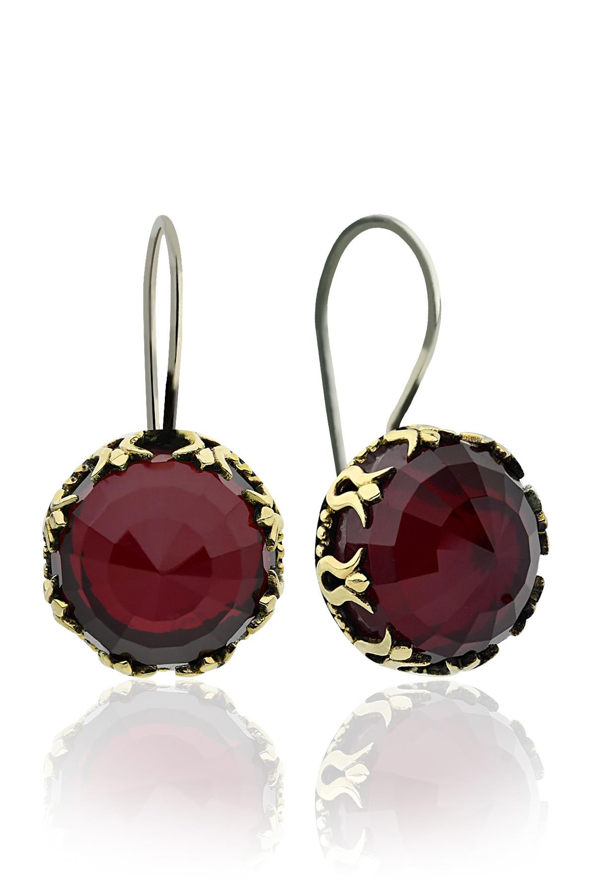 Gilded Garnet Stone Tulip Motif Earrings | 925 Silver